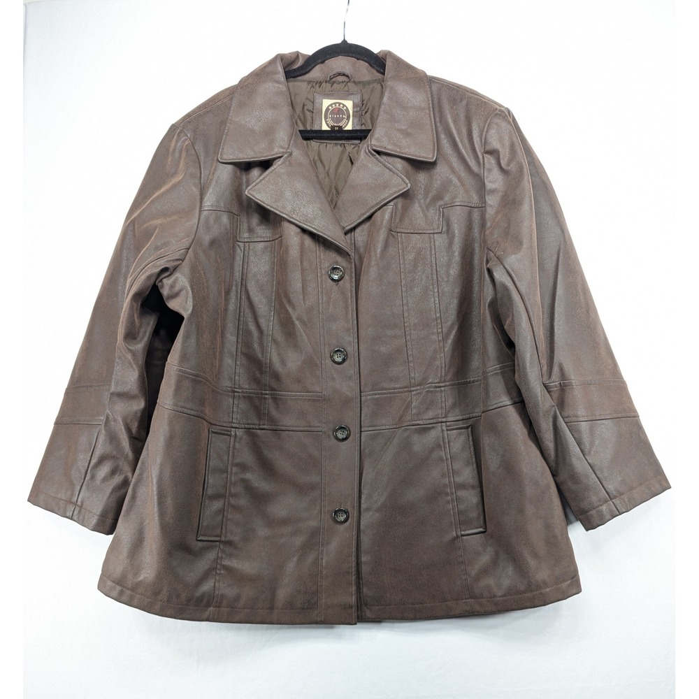 Giacca Brown Faux Leather Button Front Jacket Womens 2X Quilted‎ Lining